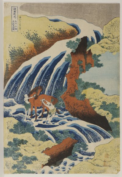 Due uomini che lavano un cavallo in una cascata da Katsushika Hokusai