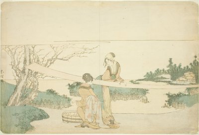 Due donne che stendono il tessuto da Katsushika Hokusai