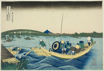 Tramonto sul ponte Ryogoku dalla diga di Onmaya, dalla serie "Trentasei vedute del Monte Fuji" da Katsushika Hokusai