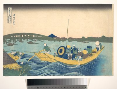 Il tramonto sul ponte Ryōgoku visto dall’argine di Onmaya (Onmayagashi yori Ryōgokubashi sekiyō o miru), dalla serie “Le trentasei vedute del Monte Fuji” (Fugaku sanjūrokkei) da Katsushika Hokusai