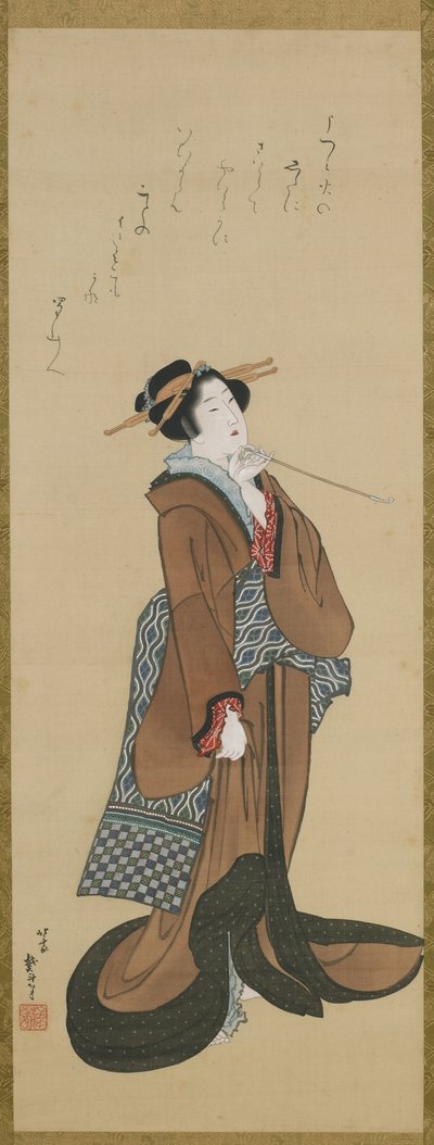 Donna che tiene una pipa da tabacco, periodo Edo, c.1814-15 da Katsushika Hokusai
