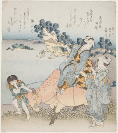 Donna che cavalca un bue da Katsushika Hokusai