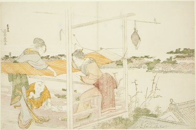 Donne su una veranda che stendono il tessuto ad asciugare da Katsushika Hokusai
