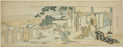Donne in veranda che guardano una ragazza che raccoglie fiori da Katsushika Hokusai