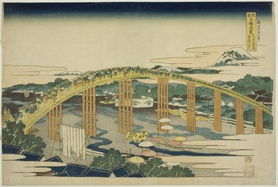 Ponte Yahagi a Okazaki sulla Tokaido (Tokaido Okazaki Yahagi no hashi), dalla serie "Vedute insolite di famosi ponti in varie province (Shokoku meikyo kiran)" da Katsushika Hokusai