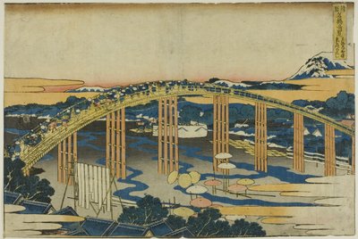 Ponte Yahagi a Okazaki sul Tokaido (Tokaido Okazaki Yahagi no hashi), dalla serie "Vedute insolite di ponti famosi in varie province (Shokoku meikyo kiran)". da Katsushika Hokusai