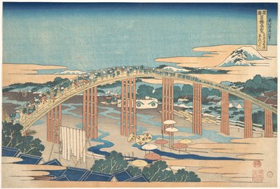 Il ponte Yahagi a Okazaki sulla Tōkaidō (Tōkaidō Okazaki Yahagi no hashi), dalla serie “Panorami straordinari dei ponti nelle varie province” (Shokoku meikyō kiran) da Katsushika Hokusai