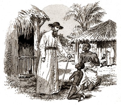 Un missionario cattolico in Africa che pratica una conversione su un bambino e suo padre da Alec Hunter
