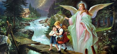 Un angelo custode protegge due bambini che attraversano un fiume su un vecchio ponte di legno, inizio XX secolo da Alec Hunter