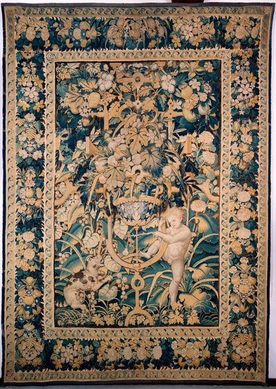 Arazzo. Enghien. Ragazzo di fronte a un animale selvatico (Bambin taquinant un jeune fauve, De knaap met het jonge wilde dier). 363 cm x 259 cm. Un ragazzo o putto che stuzzica un animale selvatico, forse un leopardo, con una pera fissata su un bastone. da Alec Hunter