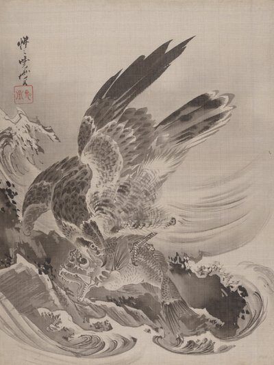 Aquila che attacca un pesce da Kawanabe Kyosai