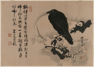 Luna piena con corvo su ramo di prugna, 1880 da Kawanabe Kyosai