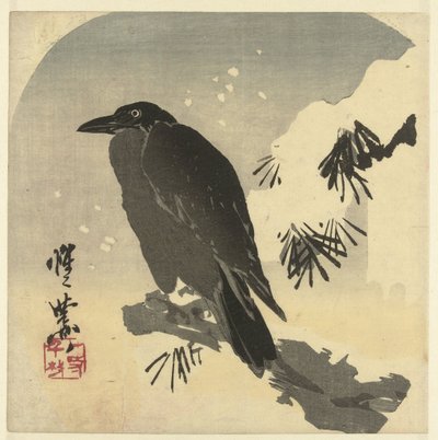 Corvo su ramo di pino innevato da Kawanabe Kyosai