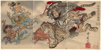Maggio: Shoki il domatore di demoni che cavalca una tigre, sottomettendo i goblin, dalla serie "Dei dodici mesi: il quinto (Junikagetsu no uchi: gogatsu)" da Kawanabe Kyosai