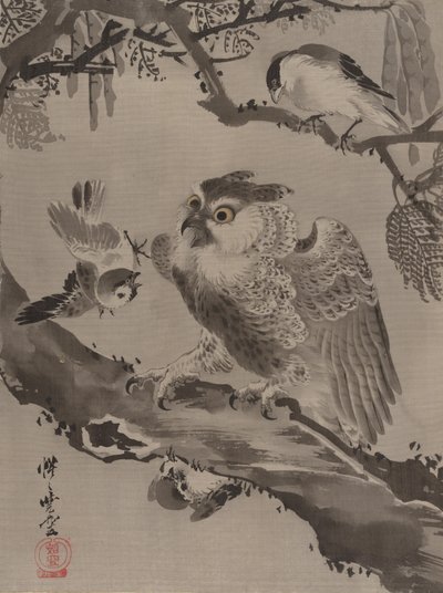 Gufo deriso da piccoli uccelli, ca. 1887 da Kawanabe Kyosai