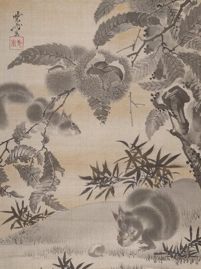 Scoiattoli che raccolgono castagne da Kawanabe Kyosai