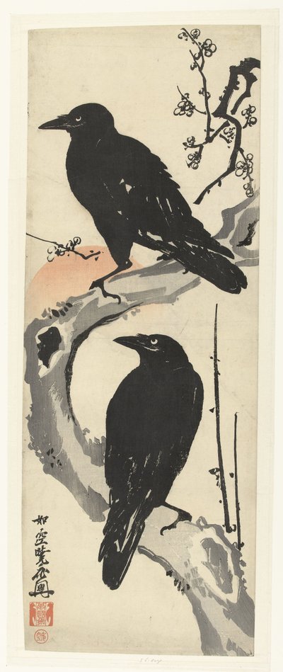 Due corvi su un ramo di un albero di prugne in fiore al tramonto da Kawanabe Kyosai