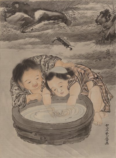 Due bambini che giocano con i pesci rossi da Kawanabe Kyosai
