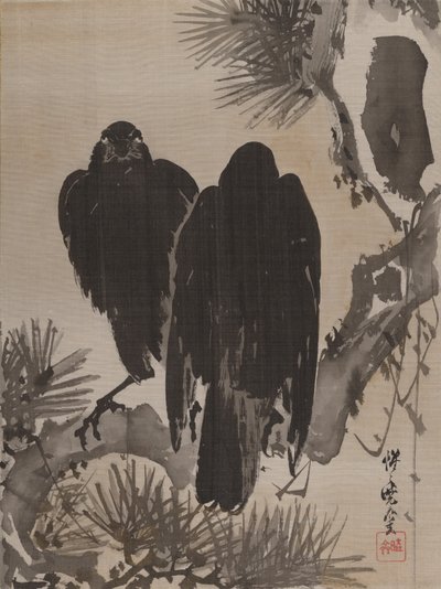 Due corvi su un ramo di pino da Kawanabe Kyosai