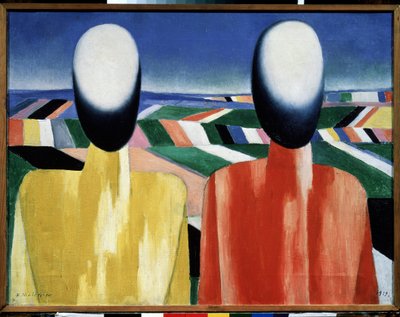 Contadini. Due teste senza volto davanti a un paesaggio di campi coltivati da Kazimir Severinovich Malevich