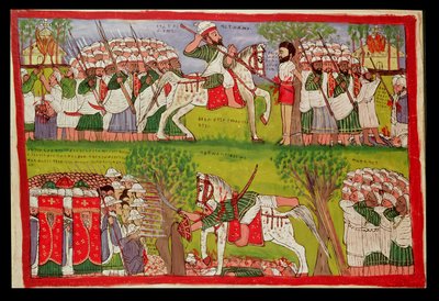 Incendio di chiese da parte dei musulmani e la morte di Cristobal de Gama e la caduta e morte di Ahmed ibn Ibrahim al-Ghazi (1506-43) colpito da un moschettiere portoghese, c.1900 da Kegneketa Jemlieri Hailu of Gondar