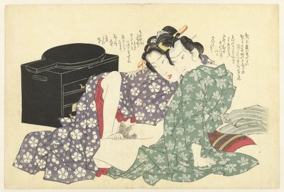 Coppia innamorata davanti a un mobile laccato da Keisai Eisen (attributed to)