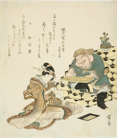 Daikoku con un abaco e una donna con un topo che le corre lungo il braccio da Keisai Eisen