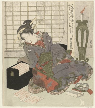 Una geisha si appoggia alla scatola del suo shamisen da Keisai Eisen