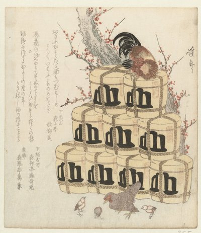Gallo su una pila di barili di sake da Keisai Eisen