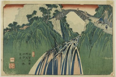 No. 41: Vista distante del ponte sul fiume Ina a Nojiri (Yonjuichi: Noriji Inagawabashi enkei), dalla serie "[Sessantanove stazioni del] Kisokaido". da Keisai Eisen