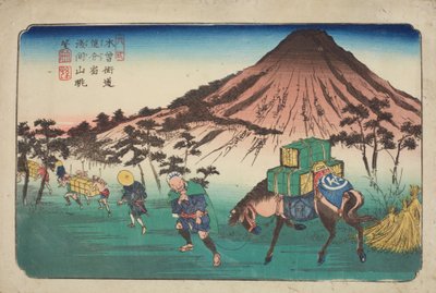 Oiwake, viaggiatori con un cavallo che passano una montagna, tavola 22 della serie: Le sessantanove stazioni della strada Kisokaido da Keisai Eisen