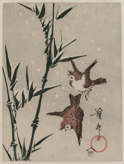 Passeri, Bambù e neve cadente, c. fine 1820s da Keisai Eisen