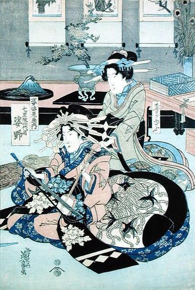 Due signore sedute, una suona il samisen da Keisai Yeisen