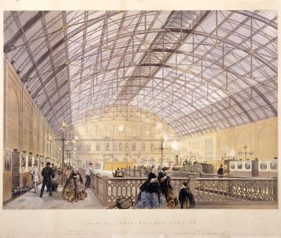 Interno della Stazione di Charing Cross con treni e tetto in ferro, Londra da Kell Brothers