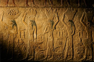 Donne che portano pane, uccelli, capre e prodotti, tomba di Tiye, Egitto; Antico Regno; Saqqara da Kenneth Garrett