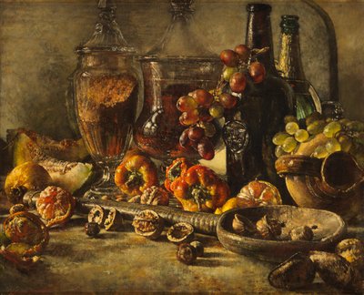 Natura morta con frutta, noci e bottiglie da Kenneth Newton