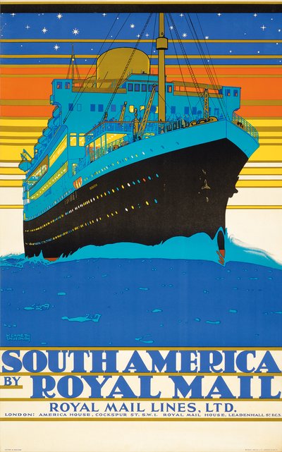 Poster che pubblicizza il Sud America con Royal Mail Lines da Kenneth Shoesmith