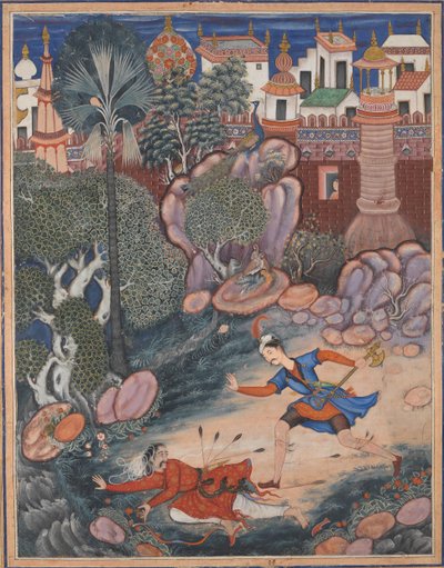 Umar cammina intorno al castello di Fulad, incontra un soldato di fanteria e lo calcia a terra, ca. 1570 da Kesav Das