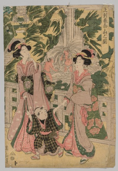 Due Ragazze e un Bambino sul Ponte del Tempio da Kikugawa Eizan