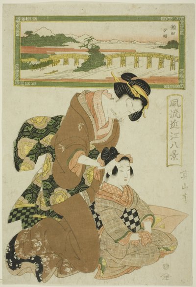 Bagliore serale a Seta (Seta sekisho), dalla serie "Otto vedute alla moda di Omi (Furyu Omi hakkei)" da Kikukawa Eizan