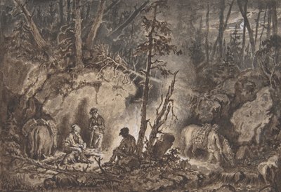 Cacciatori che riposano in una foresta di notte, 1830-60 da Kilian Christoffer Zoll