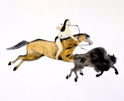 Indiano delle Grandi Pianure a cavallo che caccia il bisonte con arco e freccia, c. 1890-c. 1927 da Kills Two