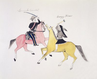 Rappresentazione simbolica del conflitto tra indiani e bianchi rappresentati dai loro due leader più famosi, il generale Custer e Cavallo Pazzo da Kills Two