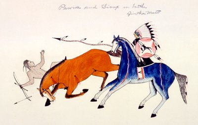 Disarcionamento di un guerriero Pawnee da parte del guerriero Dakota Sioux Zintka Mato Dog Bear, c1889-1927 da Kills Two