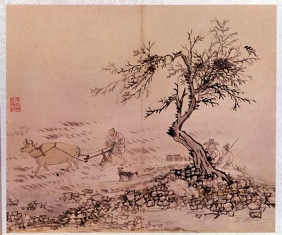 Arte coreana: scena di aratura. Stampe di Kim Hong-do (Kim Hong Do) o Danwon (1745-ca. 1806) da Kim Hong Do