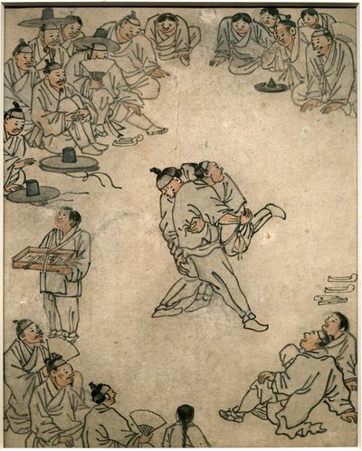 Scena di lotta tradizionale, con spettatori e venditore di dolciumi. Dipinto di Danwon (Kim Hongdo) (1745-1806), inchiostro su carta, arte coreana, periodo Joseon (Choson) XVIII secolo. Museo Nazionale della Corea, Seul (Corea del Sud) da Kim Hong Do
