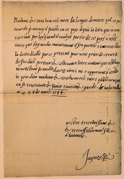 Lettera del Re Giacomo VI alla sua madre, la Regina Maria da King James I