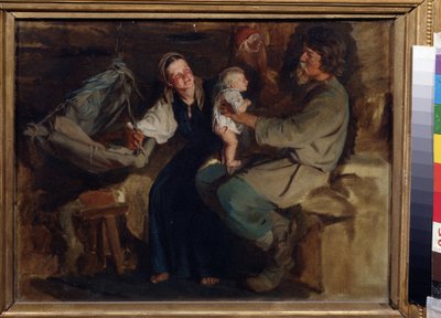 Gioia parentale. In un interno modesto, un contadino seduto tiene il suo bambino mezzo nudo in equilibrio sulle ginocchia, accanto a loro la madre sorride e tiene la culla sospesa da Kirill Vikentievich Lemoch