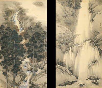 Cascata in primavera e autunno Set di due rotoli appesi, 1893 da Kishi Chikudo