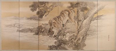 Schermo a sei pieghe che raffigura una tigre che beve da Kishi Ganku
